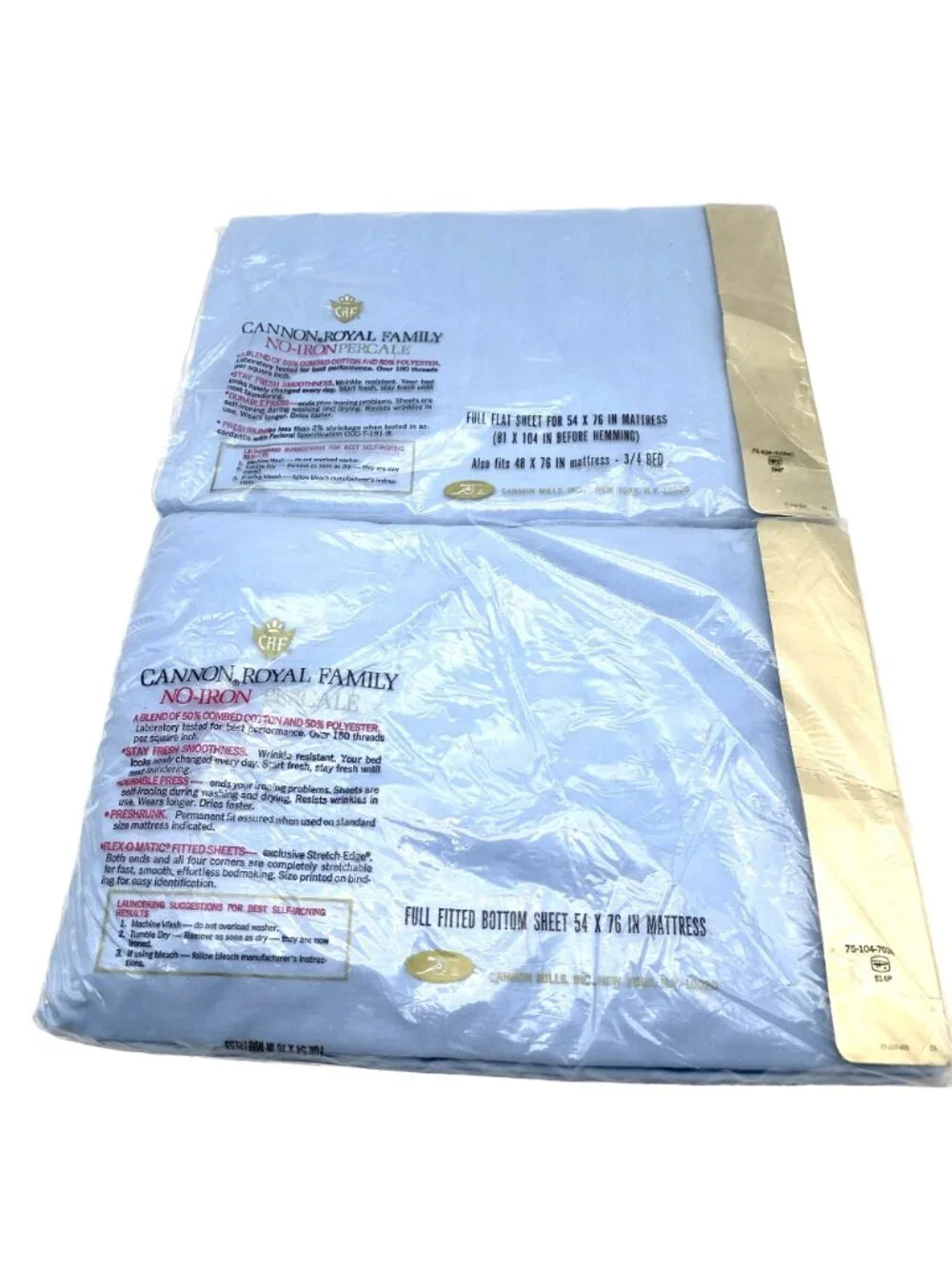 Cannon Royal Family No-Iron Percale Full Flat Fitted Sheets Blue Made In USA NOS